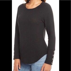 Chaser Women’s Black Long Sleeve Waffle Knit Thermal Top Button Cuffs Sz XLarge